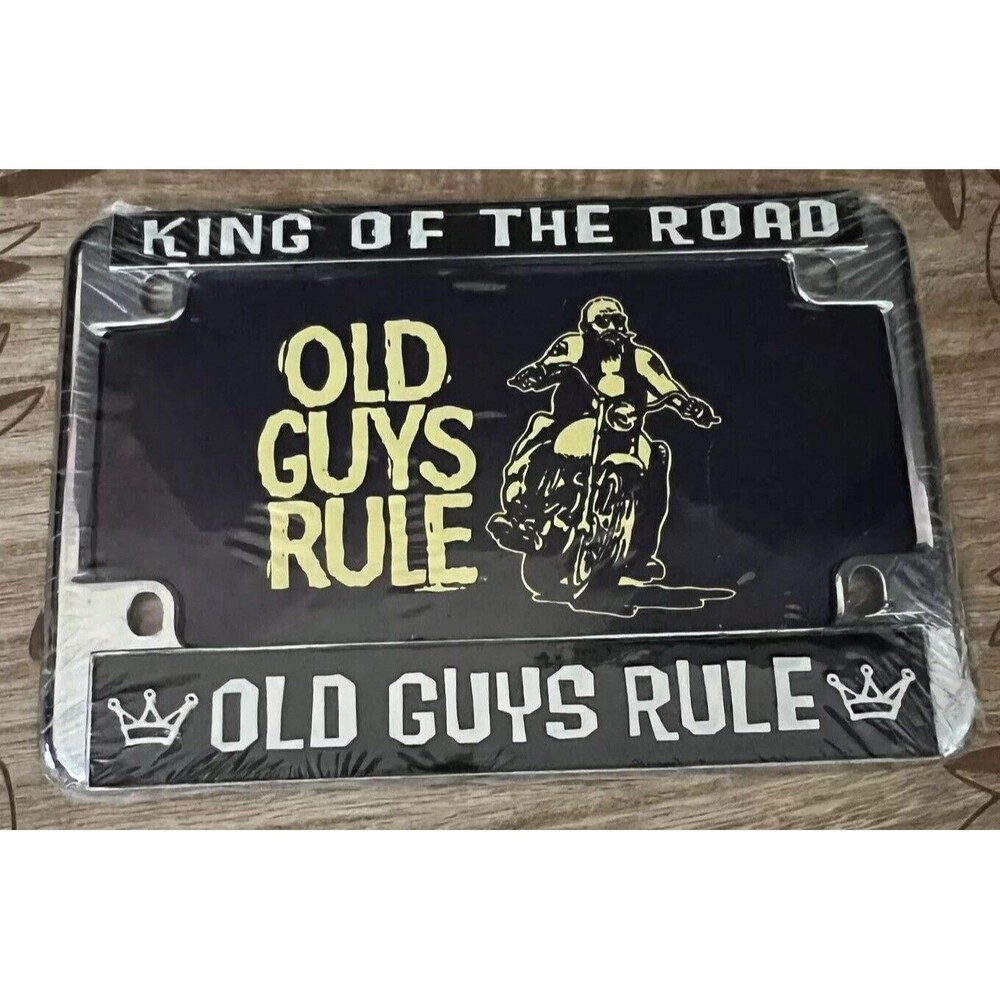 Old Guys Rule King of the Road Metal Motorcycle License Plate Frame Chrome 43272 - Picture 1 of 3